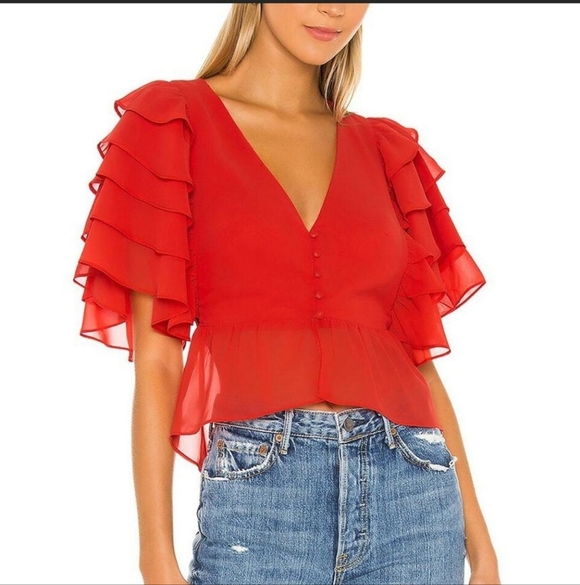Lovers + Friends Tops - Lovers + Friends Elegant Red Ruffle Sleeve Top XS